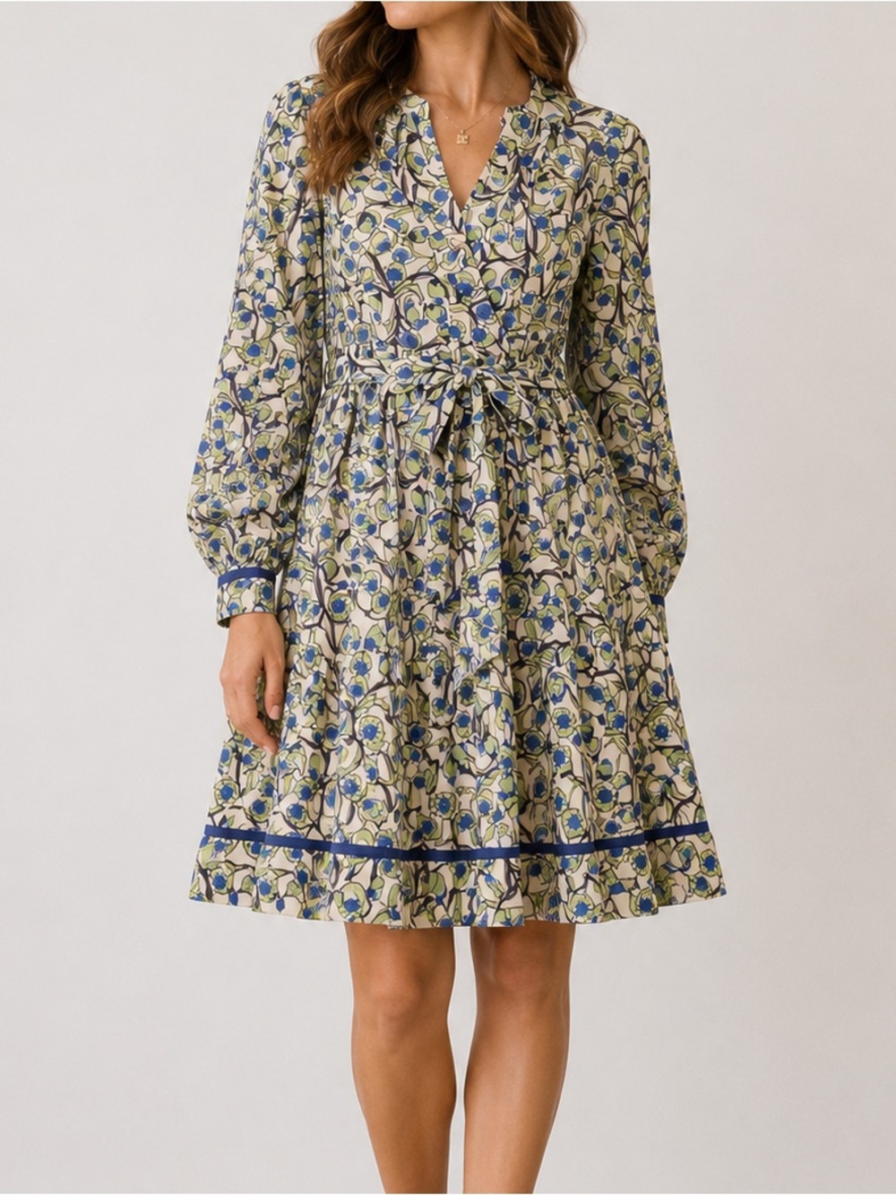 Me+Em Trailing Flower Print Fit & Flare Dress with Belt in Green Blue